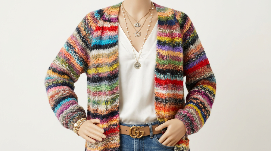 Roswen | Women's Multicolor Open-Front Knit Cardigan